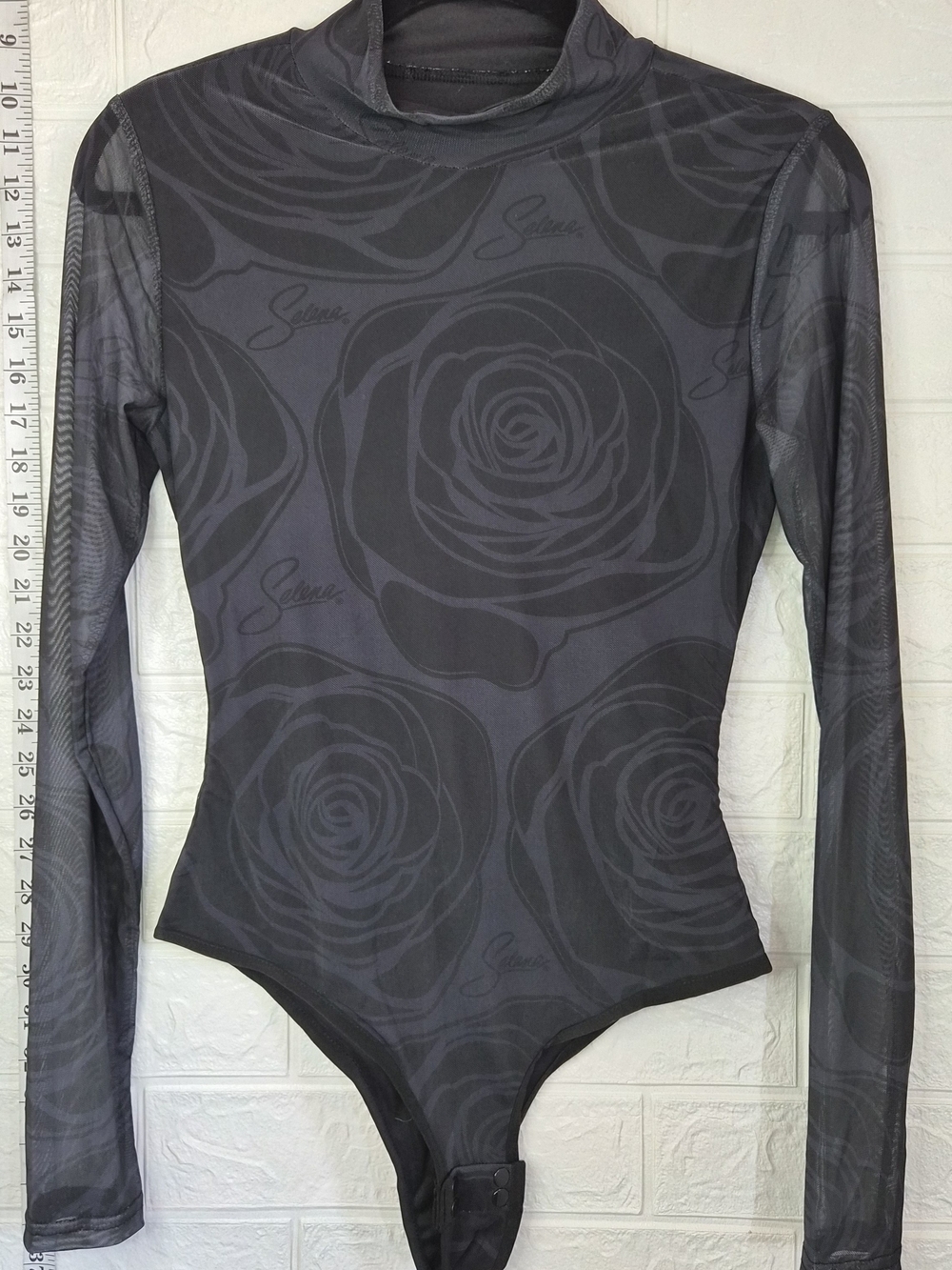 Selena Quintanilla official black rose floral print mesh long sleeve bodysuit